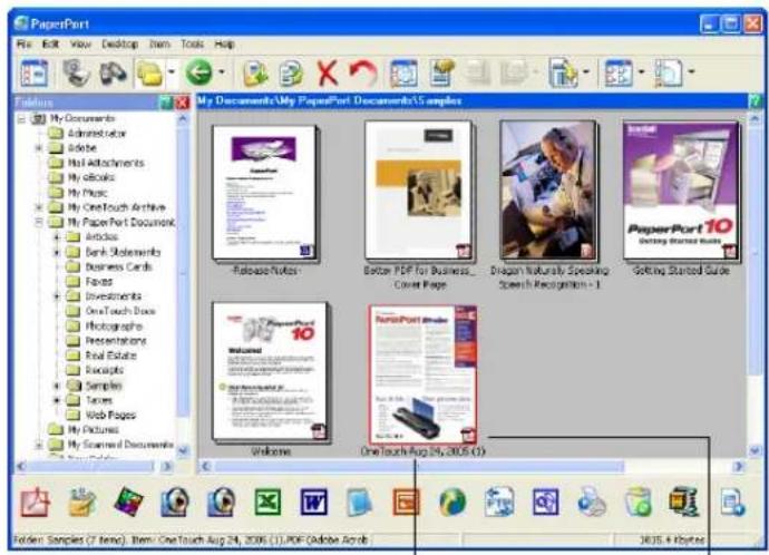 PaperPort File Edit View Desktop Item Tools Help Folders My Documents Administrator Adobe Host Attachments My eBooks My Music My OneTouch Archive My PaperPort Document Articles Bank Documents Business Cards Facts Investments OneTouch Docs Photographs Presentationers Real Estate Scripts Samples iTunes Web Pages My Pictures My Scanned Documents My Documents\My PaperPort Documents\Samples -Release Notes Better PDF for Business_ Cover Page Dragon Naturally Speaking Speech Recognition - 1 Sorting Started Guide Welcome One Touch Aug 24, 2005 (C) Folder: Samples (7 items). Items: One Touch Aug 24, 2006 (11.PDF Adobe Acrobat)