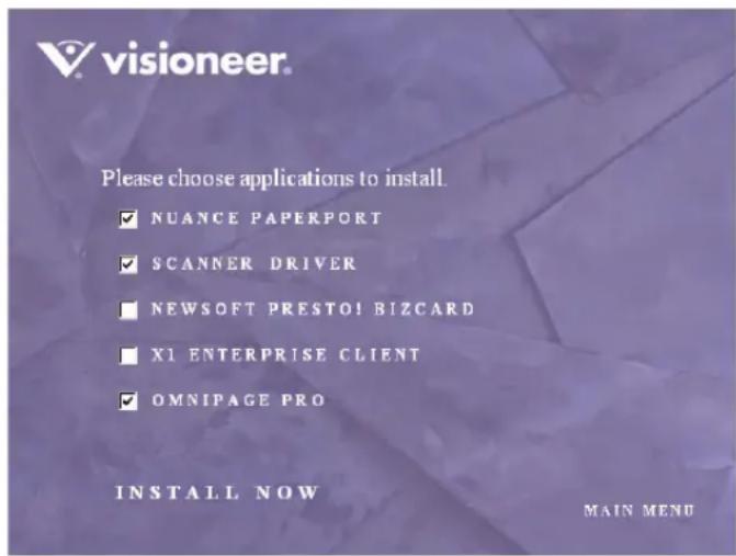 visioneer. Please choose applications to install. ✓ NUANCE PAPERPORT ✓ SCANNER DRIVER ■ NEWSOFT PRESTO! BIZCARD ■ X1 ENTERPRISE CLIENT ✓ OMNIPAGE PRO INSTALL NOW MAIN MENU