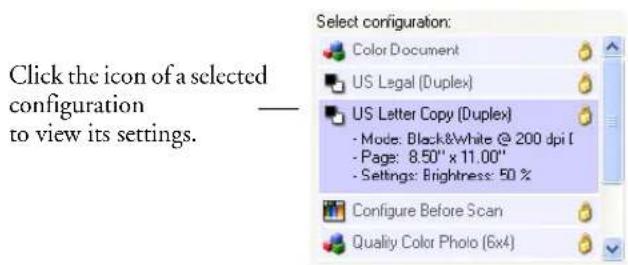 Click the icon of a selected configuration to view its settings. Select configuration: Color Document US Legal (Duplex) US Letter Copy (Duplex) - Mode: Black&White @ 200 dpi t - Page: 8.50" x 11.00" - Settings: Brightness: 50 % Configure Before Scan Quality Color Photo (6x4)