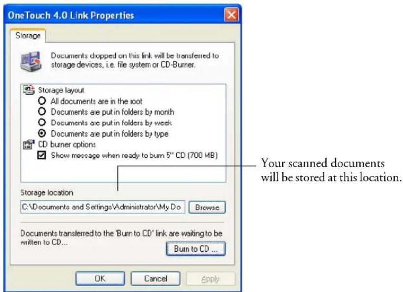 OneTouch 4.0 Link Properties Storage Documents dropped on this link will be transferred to storage devices, i.e. file system or CD-Burner. Storage layout All documents are in the root Documents are put in folders by month Documents are put in folders by week Documents are put in folders by type CD burner options Show message when ready to burn 5" CD (700 MB) Your scanned documents will be stored at this location. Storage location C:\Documents and Settings\Administrator\My Do Browse Documents transferred to the 'Burn to CD' link are waiting to be written to CD... Burn to CD ... OK Cancel Apply
