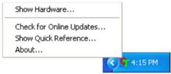 Show Hardware... Check for Online Updates... Show Quick Reference... About...