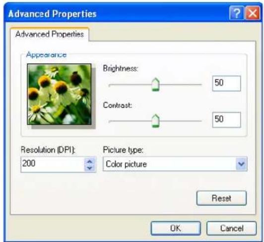 Advanced Properties Advanced Properties Appearance Brightness: 50 Contrast: 50 Resolution (DPI): 200 Picture type: Color picture Reset OK Cancel