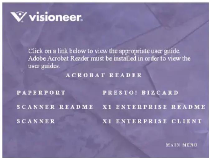 visioneer. Click on a link below to view the appropriate user guide. Adobe Acrobat Reader must be installed in order to view the user guides. ACROBAT READER PAPERPORT PRESTO! BIZCARD SCANNER README X1 ENTERPRISE README SCANNER X1 ENTERPRISE CLIENT MAIN MENU