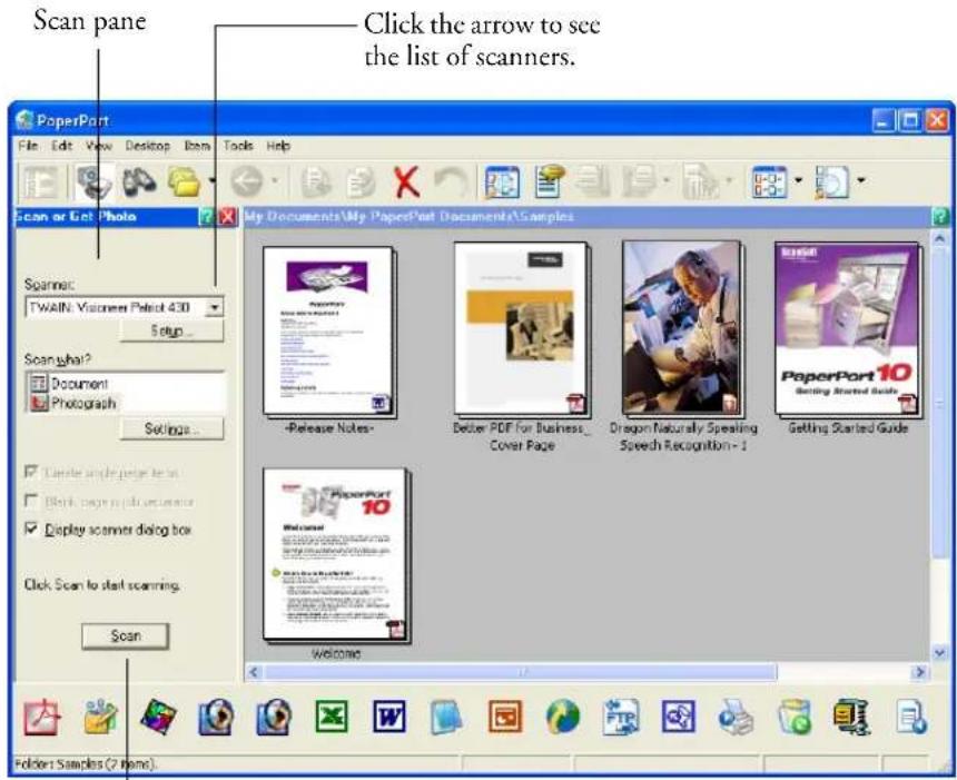 Scan pane Click the arrow to see the list of scanners. PapierPort File Edit View Desktop Item Tools Help Scan or Get Photo Spannac: TWAIN: Visioner Paclot 430 Setup... Scan what? Document Photograph Settings... Create simple pages for us Block pages to job appearance Display scanner dialog box Click Scan to start scanning. Scan My Documents\My PaperPort Documents\Samples +Release Notes- Better PDF for Business_ Cover Page Dragon Naturally Speaking Speech Recognition - 1 Getting Started Guide PapierPort 10 Welcome Folder: Samples (7 items)