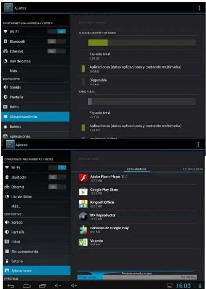 Ajustes CONCEIONES INALAMBRICAS Y REDES Wi-Fi Bluetooth Ethernet Uso de datos Más... DISPOSITIVO Sonido Pantalla Hdmi Almacenamiento Bateria Aplicaciones Ajustes Almacenamiento ALMACENAMIENTO INTERNO Espacio total 0,98 GB Aplicaciones (datos aplicaciones y contenido multimedia) 100 MB Disponible 765 MB NAND FLASH Espacio total 5,27 GB Aplicaciones (datos aplicaciones y contenido multimedia) 2,94 MB Incluye Video CONCEIONES INALAMBRICAS Y REDES Wi-Fi Bluetooth Ethernet Uso de datos Más... DISPOSITIVO Sonido Pantalla Hdmi Almacenamiento Bateria Aplicaciones PERSONAL Applications DESCARGADAS IN TABLETA SO Adobe Flash Player 11.1 13,17 MB Google Play Store 10,98 MB Kingsoft Office 32,62 MB MX Reproductor 17,50 MB Servicios de Google Play 8,61 MB Vitamio 6,61 MB Amacenamiento interno 7914 MB/10000000000000000000000000000000000000000000000000000000000000000000000000000000000000000000000000000