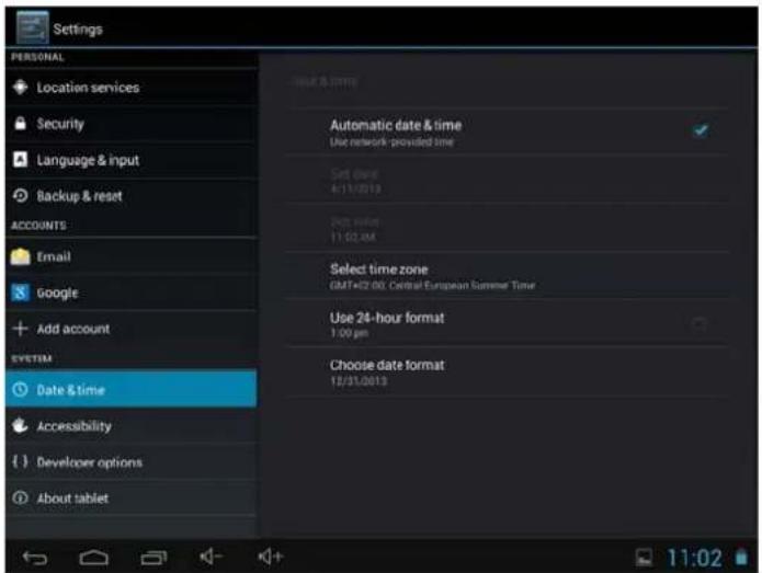Settings PERSONAL Location services Security Language & input Backup & reset ACCOUNTS Email Google Add account SYSTEM Date & time Accessibility Developer options About tablet Date & time Automatic date & time Use network-provided time Set down 4/11/2013 Next minute 11:02 AM Select time zone GMT+25.00 Central European Summer Time Use 24-hour format 1:00 pm Choose date format 12/31/2013 11:02