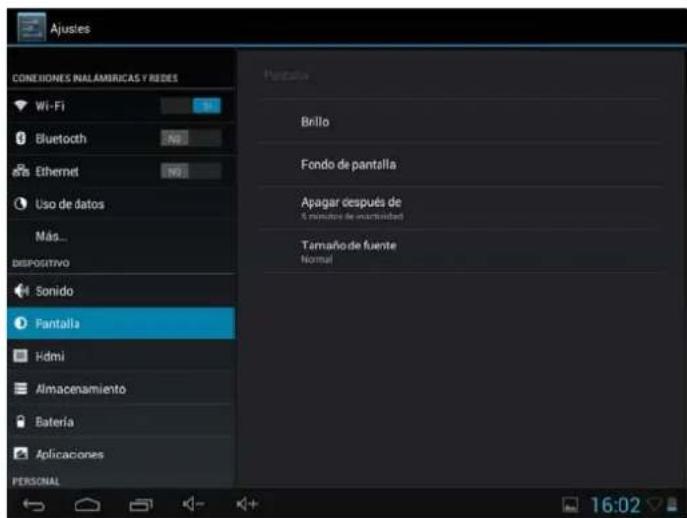 Ajustes CONEXIONES INAL AMERICAS Y REDES Wi-Fi Bluetooth Ethernet Uso de datos Más... DISPOSITIVO Sonido Pantalla Hdmi Almacenamiento Batería Aplicaciones PERSONAL Piñalda Brillo Fondo de pantalla Apagar después de ¿El mancón de sucesiónidad Tamaño de fuente Normal 16:02