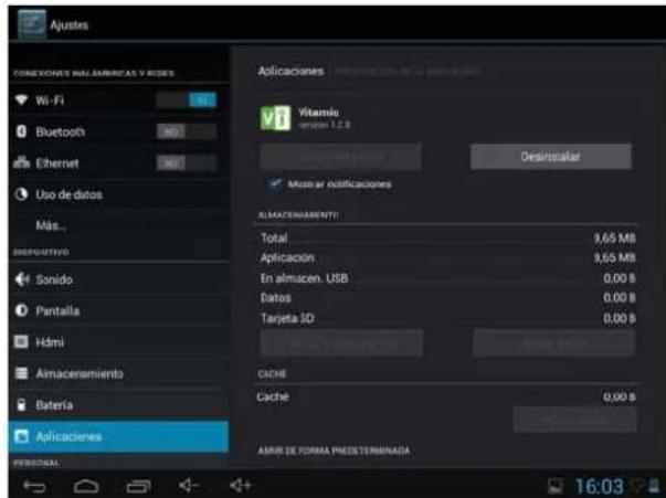 Ajustes CONEXIONE WALLAMERICAS V RIDES Wi-Fi Bluetooth Ethernet Uso de datos Más... DEPOSITIVO Sonido Pantalla Hómi Almacenamiento Batería Aplicaciones Aplicaciones Vitamins resión 12.8 Odesinstalar Maustar notificaciones ALMACENAMIENTO Total 9,65 MB Aplicación 9,65 MB En almacen. USB 0,00 $B Datos 0,00 $B Tarjeta SD 0,00 $B CACHÉ CACHE 0,00 $B ASM DE FORMA PREDETERMINADA PERSONAL