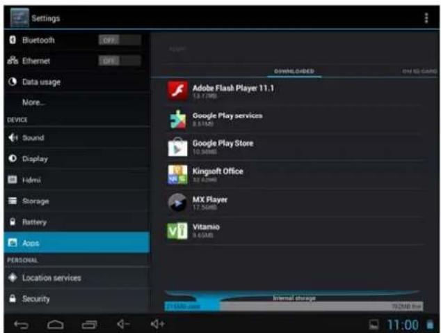 Settings Bluetooth OFF Ethernet OFF Data usage More... DEVICE Sound Display HDMI Storage Battery Apps PERSONAL Location services Security Downloaded ON ISO CARD Adobe Flash Player 11.1 13.7 MB Google Play services 8.51MB Google Play Store 10.56MB Kingsoft Office 52.62MB MX Player 17.56MB Vitaminio 9.62MB Internal storage FISAO.com 102MB Lite 11:00