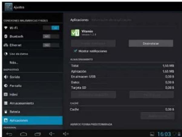 Ajustes CONEXONES INALAMERICAS YIRES Wi-Fi Bluetooth Ethernet Line de datos Nás... espostivo Sonido Parsalta Hdmi Almacenamiento Bateria Aplicaciones Aplicaciones Inaltacion de la aplicacion Vitario cassava 1.2.8 Lima Automato Desinatalar Mostrar notificaciones ALMATENAMIENTO Total 1,55 MB Aplicación 1,55 MB En almacen USB 0,00 $# Datos 0,00 $# Tarjeta SD 0,00 $# CACHI Cachi 0,00 $# ASURIO DE FORMA PREDICTERMINERA PERSONAL 16:03