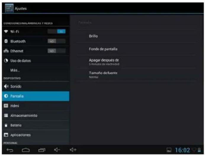 Ajustes COMECIONES INALABRICAS Y RESUES Wi-Fi Bluetooth Ethernet Uso de datos Más... DISPOSITIVO Sonido Pantalia Hdmi Almacenamiento Batería Aplicaciones PERSONAL Brillo Fondo de pantalla Apagar después de 5 minutos de inactividad Tamaño defuente Normal 16:02