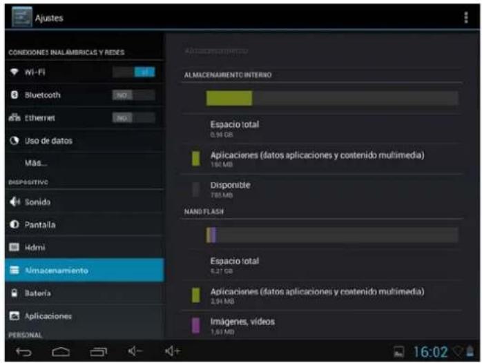 Ajustes CONDIONES INAL AMBRICAS Y REDES Wi-Fi Bluetooth Ethernet Uso de datos Más... DISPOSITIVO Sonida Pantalla Hdmi Almacenamiento Bateria Aplicaciones PERSONAL Almacenamiento ALMACENAMIENTO INTERNO Espacio total 0.94 GB Aplicaciones (datos aplicaciones y contenido multimedia) 150 MB Disponible 785 MB NAND FLASH Espacio total 6.27 GB Aplicaciones (datos aplicaciones y contenido multimedia) 2.94 MB Imágenes, vídeos 1.61 MB 16:02