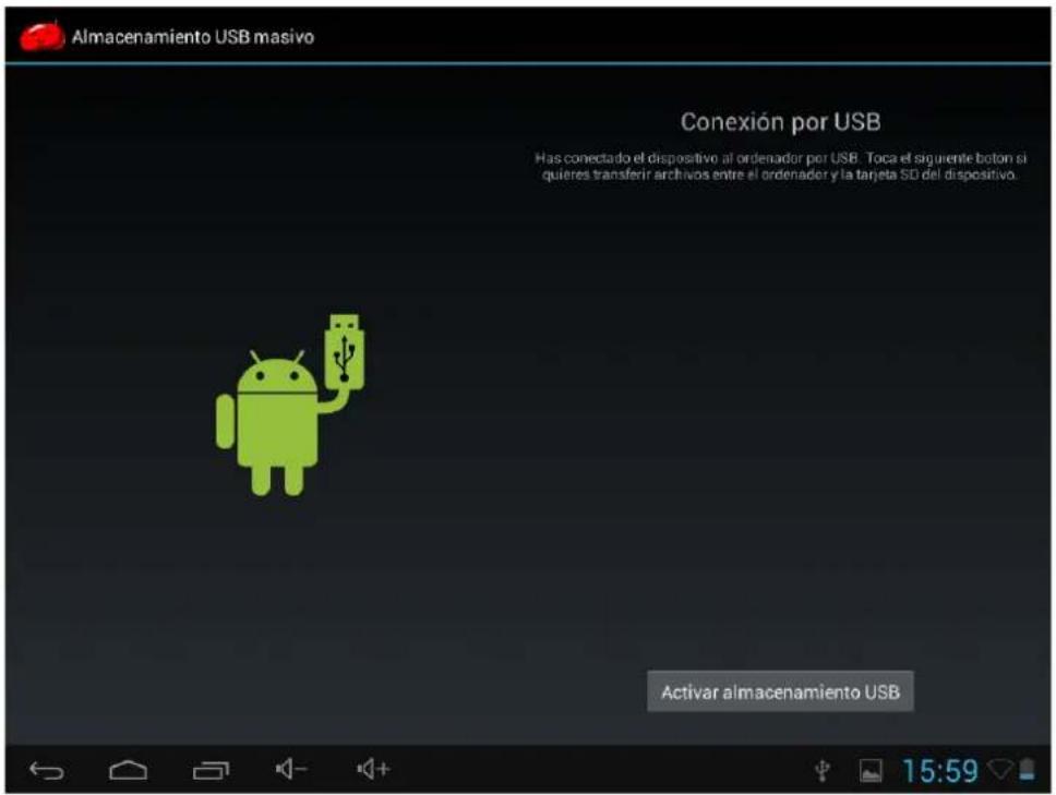 Almacenamiento USB masivo Conexión por USB Has conectado el dispositivo al ordenador por USB. Toca el siguiente botón si quieres transferir archivos entre el ordenador y la tarjeta SD del dispositivo. Activar almacenamiento USB