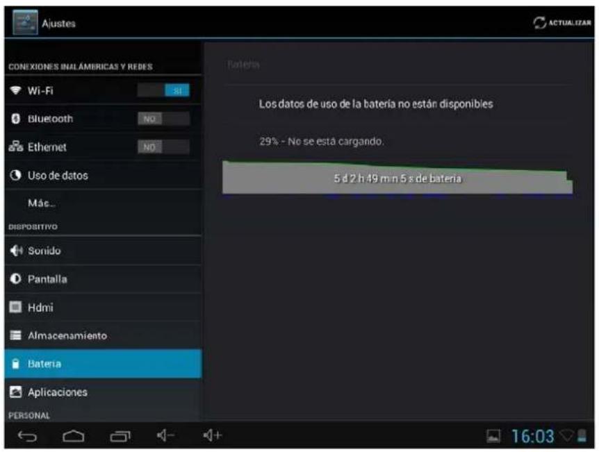 Ajustes CONEXIONES INAL AMERICAS Y REDES Wi-Fi Bluetooth Ethernet Uso de datos Más... DISPOSITIVO Sonido Pantalla Hdmi Almacenamiento Bateria Aplicaciones PERSONAL Bateria Los datos de uso de la batería no están disponibles 29% - No se está cargando. 5 d 2 h 49 m n 5 s de batería 16:03