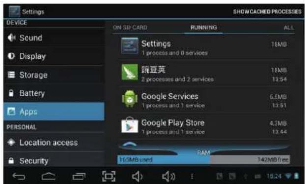 Settings ON 3D CARD RUNNING ALL DEVICE Sound Display Storage Battery Apps PERSONAL Location access Security Settings 1 process and 0 services 豌豆荚 2 processes and 2 services Google Services 1 process and 1 service Google Play Store 1 process and 1 service RAM 165MB used 142MB free SHOW CACHED PROCESSSES
