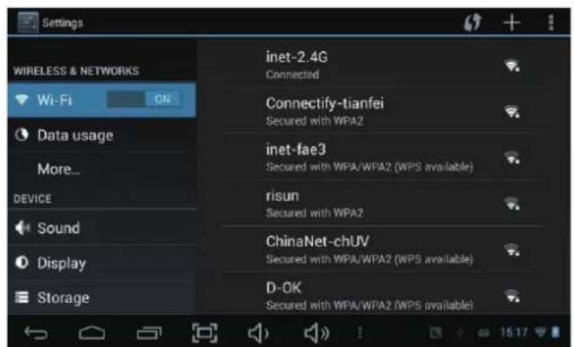 Settings WIRELESS & NETWORKS Wi-Fi ON Data usage More... DEVICE Sound Display Storage inet-2.4G Connected Connectify-tianfei Secured with WPA2 inet-fae3 Secured with WPA/WPA2 (WPS available) risun Secured with WPA2 ChinaNet-chUV Secured with WPA/WPA2 (WPS available) D-OK Secured with WPA/WPA2 (WPS available)