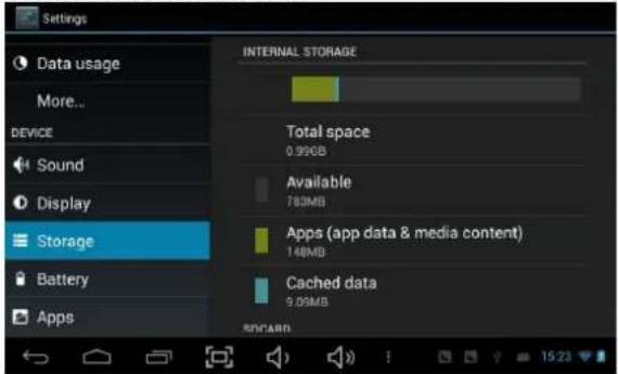 Settings Data usage More... DEVICE Sound Display Storage Battery Apps INTERNAL STORAGE Total space 0.990B Available 783MB Apps (app data & media content) 148MB Cached data 9.05MB SOPCARD
