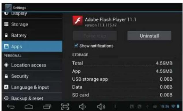 Settings Display Storage Battery Apps PERSONAL Location access Security Language & input Backup & reset Adobe Flash Player 11.1 version 13.1.115.47 Force stop Uninstall Show notifications STORAGE Total 4.56MB App 4.56MB USB storage app 0.00B Data 0.00B SD card 0.00B