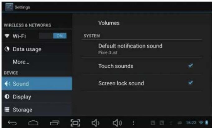 Settings WIRELESS & NETWORKS Wi-Fi Data usage More... DEVICE Sound Display Storage Volumes SYSTEM Default notification sound Pixie Dust Touch sounds Screen lock sound