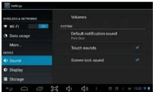 Settings WIRELESS & NETWORKS Wi-Fi Data usage More... DEVICE Sound Display Storage Volumes SYSTEM Default notification sound Free Dest Touch sounds Screen lock sound