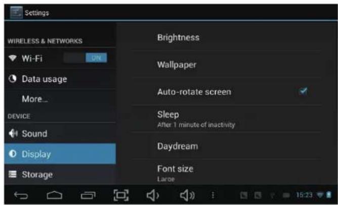 Settings WIRELESS & NETWORKS Wi-Fi Data usage More... DEVICE Sound Display Storage Brightness Wallpaper Auto-rotate screen Sleep After 1 minute of inactivity Daydream Font size Large