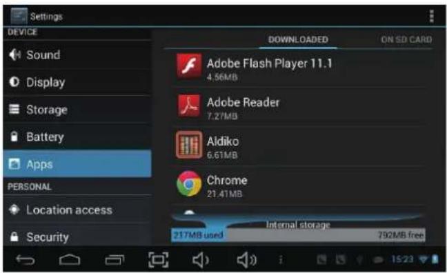 Settings DEVICE Sound Display Storage Battery Apps PERSONAL Location access Security DOWNLOADED ON SD CARD Adobe Flash Player 11.1 4.56MB Adobe Reader 7.27MB Aldiko 6.61MB Chrome 21.41MB Internal storage 217MB used 792MB free
