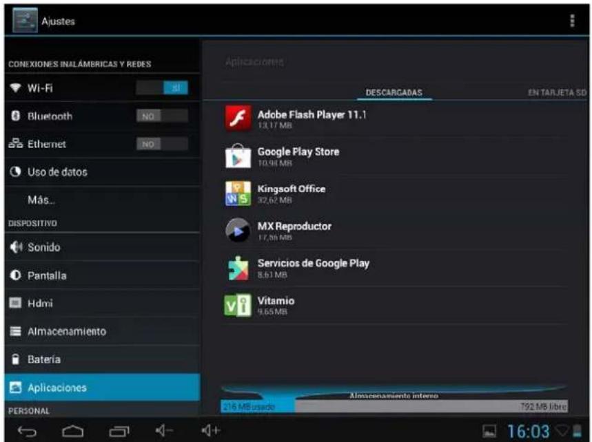 Ajustes CONEXIONES INALÁMBRICAS Y REDES Wi-Fi Bluetooth Ethernet Uso de datos Más... DISPOSITIVO Sonido Pantalla Hdmi Almacenamiento Batería Aplicaciones PERSONAL Aplicaciones DESCARGADAS EN TARJETA SD Adobe Flash Player 11.1 13.17 MB Google Play Store 10.94 MB Kingsoft Office 32.62 MB MX Reproductor 17.86 MB Servicios de Google Play 8.61 MB Vitamio 9.65 MB Almacenamiento interse 216 MB usado 792 MB libre