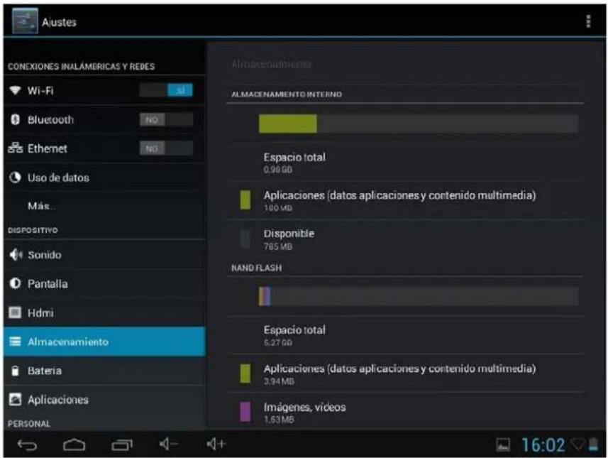 Aiustes CONEXIONES INALAMERICAS Y REDES Wi-Fi Bluetooth No. Ethernet No. Uso de datos Más... DISPOSITIVO Sonido Pantalla Hdmi Almacenamiento Bateria Aplicaciones PERSONAL Almacenamiento ALMAGENAMIENTO INTERNO Espacio total 0,96 GB Aplicaciones (datos aplicaciones y contenido multimedia) 100 MB Disponible 785 MB NAND FLASH Espacio total 5,27 GB Aplicaciones (datos aplicaciones y contenido multimedia) 3,94 MB Imágenes, vídeos 1,63 MB 16:02