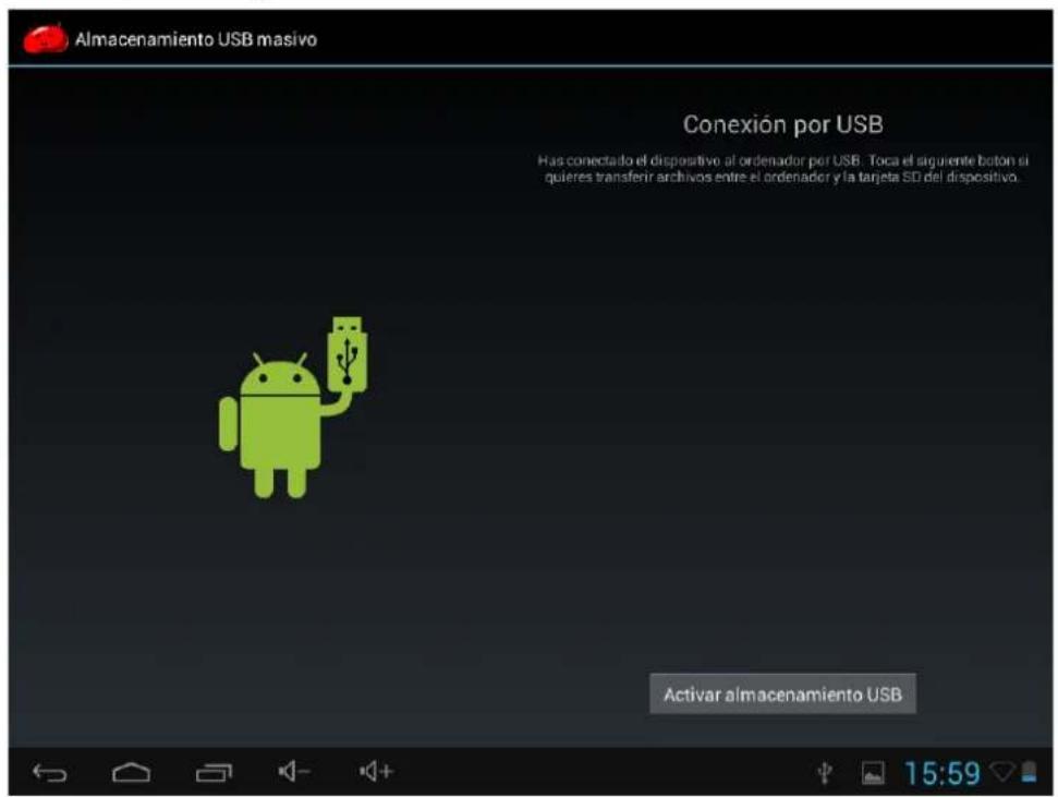 Almacenamiento USB masivo Conexión por USB Has conectado el dispositivo al ordenador por USB. Toca el siguiente botón si quieres transferir archivos entre el ordenador y la targeta SD del dispositivo. Activar almacenamiento USB