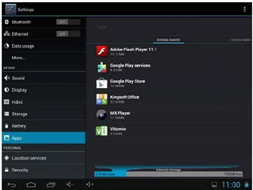 Settings Bluetooth OFF Ethernet OFF Data usage More... DEVICE Sound Display Hdmi Storage Battery Apps PERSONAL Location services Security Apps DOWNLOADS ON SD CARD Adobe Flash Player 11.1 13.17MB Google Play services 8.61MB Google Play Store 10.992MB Kingsoft Office 32.67MB MX Player 17.56MB Vitamio 6.60MB 276MB used Internal storage 792MB free 11:00