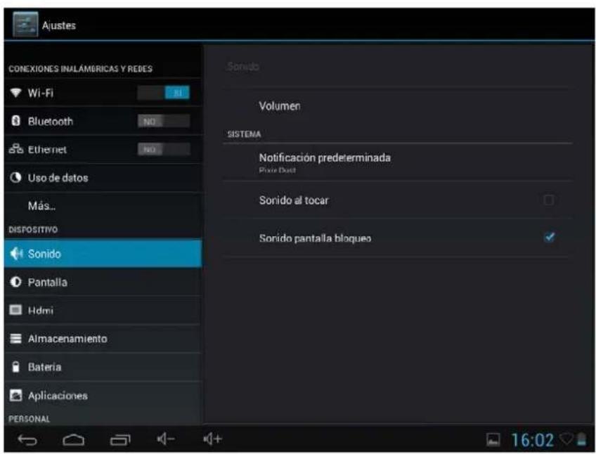 Ajustes CONEXIONES IN/LAMERICAS Y REBES Wi-Fi Bluetooth Ethernet Uso de datos Más.. DISPOSITIVO Sonido Pantalla Hdmi Almacenamiento Bateria Aplicaciones PERSONAL Sonido Volumen SISTEMA Notificación predeterminada Pixar Dust Sonido al tocar Sonido pantalla bloqueo