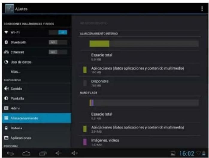 Ajustes CONEXIONES INAL AMBRICAS Y REDES Wi-Fi Bluetooth Ethernet Uso de datos Más_ dispositivo Sonido Pantalla Hidmi Nimacenamiento Bateria Aplicaciones PERSONAL ALMACENAMIENTO INTERIO Espacio total 0,94 GB Aplicaciones (datos aplicaciones y contenido multimedia) 180 MB Disponible 785 MB NAND FLASH Espacio total 6,27 GB Aplicaciones (datos aplicaciones y contenido multimedia) 2,94 MB Imágenes, vídeos 1,62 MB 16:02