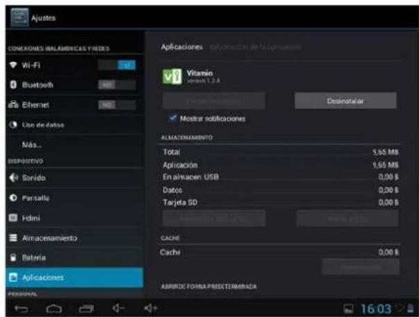 Ajustes CONEXIONES INALAMERICAS YREERS Wi-Fi Bluetooth Ethernet Use de datos Nás... esporativo Sorido Partella Hdmi Almacenamiento Bateria Aplicaciones PENNSAL Aplicaciones Inlamentales de la proposta Vitaminio 2.8 GB Desinotalar Mostrar notificaciones ALMATENAMIENTO Total 5,65 MB Aplicación 1,65 MB En almacen USB 0,00 B Datos 0,00 B Tarjeta SD 0,00 B Número 19 M2/193 Cache Cache 0,00 B ASPINDO FORMA PREDICTEMARICA 16:03