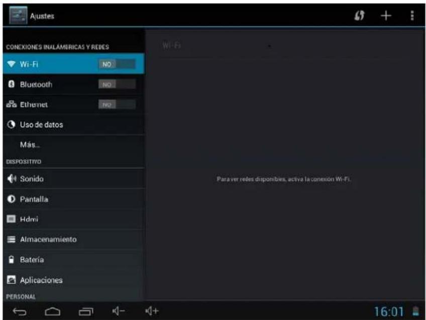 Ajustes CONEXIONES INALAMERICAS Y REBES Wi-Fi NO Bluetooth NO Ethernet NO Uso de datos Más_ DISPOSITIVO Sonido Pantalla Hdmi Almacenamiento Batería Aplicaciones PERSONAL Para ver redes disponibles, activa la conexión Wi-Fi. 16:01