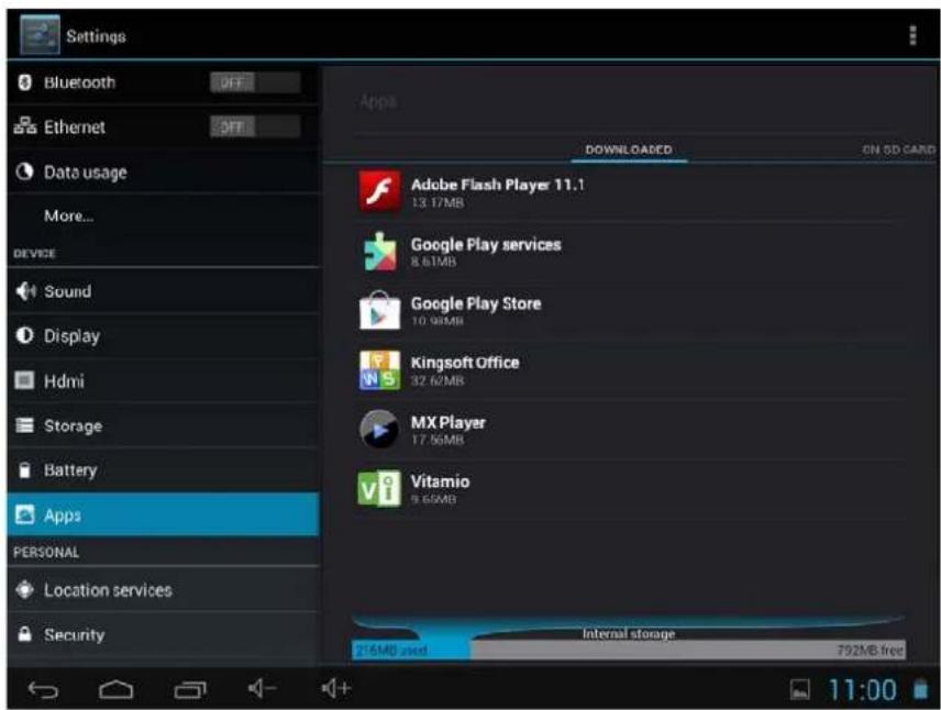 Settings Bluetooth 247 Ethernet 397 Data usage More... DEVICE Sound Display Hdmi Storage Battery Apps PERSONAL Location services Security Apps DOWNLOADRED ON SD CARD Adobe Flash Player 11.1 13.17MB Google Play services 8.61MB Google Play Store 10.98MB Kingsoft Office 32.62MB MX Player 17.56MB Vitamio 9.60MB 2:6MB used Internal storage 792MB free 11:00