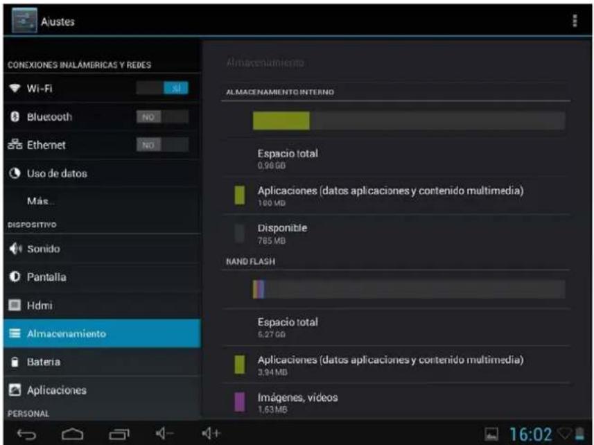 Aiustes CONEXIONES INALAMERICAS Y REDES Wi-Fi Bluetooth Ethernet Uso de datos Más... DISPOSITIVO Sonido Pantalla Hdmi Almacenamiento Bateria Aplicaciones PERSONAL Almacenamiento ALMAGENAMIENTO INTERNO Espacio total 0,96 GB Aplicaciones (datos aplicaciones y contenido multimedia) 100 MB Disponible 785 MB NAND FLASH Espacio total 5,27 GB Aplicaciones (datos aplicaciones y contenido multimedia) 3,94 MB Imágenes, vídeos 1,63 MB 16:02