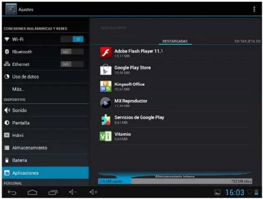 Ajustes CONEXIONES INALÁMBRICAS Y REDES Wi-Fi Bluetooth Ethernet Uso de datos Más... DISPOSITIVO Sonido Pantalla Hdmi Almacenamiento Batería Aplicaciones PERSONAL Aplicaciones DESCARGADAS EN TARJETA SD Adobe Flash Player 11.1 13.17 MB Google Play Store 10.94 MB Kingsoft Office 32.62 MB MX Reproductor 17.89 MB Servicios de Google Play 8.61 MB Vitamio 9.65 MB Almacenamiento interno 216 MB/GRADO 792 MB libre 16:03
