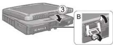 Diagram showing a device labeled '3' with an arrow pointing to its component, and a magnified view of a device with internal components being inserted.