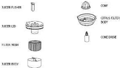 JUICER PUSHER JUICER LID FILTER MESH JUICER BODY CONE CITRUS FILTER BODY CONE DRIVE