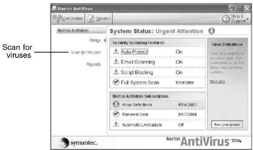 Norton AntiVirus Live Update Options Help S. Support Norton AntiVirus Status Scan for Viruses Reports System Status: Urgent Attention Security Scanning Features Auto Protect On Email Scanning On Script Blocking On Full System Scan 5/19/2004 Norton AntiVirus Subscription Virus Definitions 8/14/2003 Renewal Date 8/17/2004 Automatic LiveUpdate Off Run LiveUpdate Virus Definitions Your virus definitions are outlined after Run LiveUpdate to get the latest virus definition updates. More info symantec. Norton AntiVirus® 2004