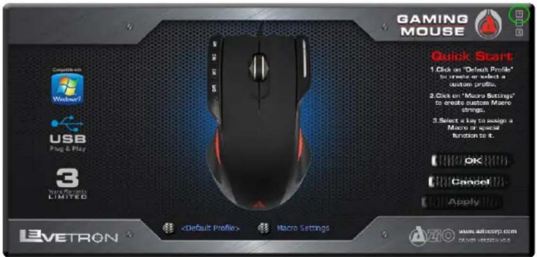 GAMING MOUSE Compatible with Widow? USB Plug & Play 3 Very Perfects LIMITED Quick Start 1. Click on "Default Profile" to create or select a custom profile. 2. Click on "Macro Settings" to create custom Macro strings. 3. Select a key to assign a Macro or special function to it. OK Cancel Apply LEVETRON Macro Settings www.albocorp.com CRAVIER VERSION NO. ©