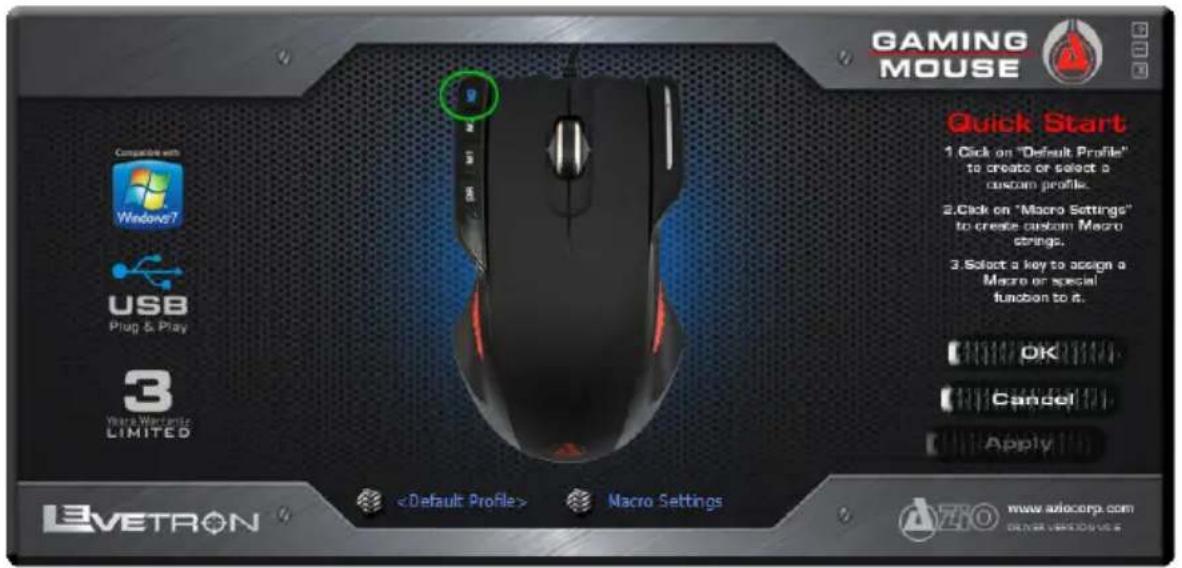 GAMING MOUSE Compatible with Windows7 USB Plug & Play 3 Viera Warrante LIMITED LEVETRON Macro Settings Quick Start 1 Click on "Default Profile" to create or select a custom profile. 2. Click on "Macro Settings" to create custom Macro strings. 3. Select a key to assign a Macro or special function to it. OK Cancel Apply www.avicorp.com DINER VERSIONS