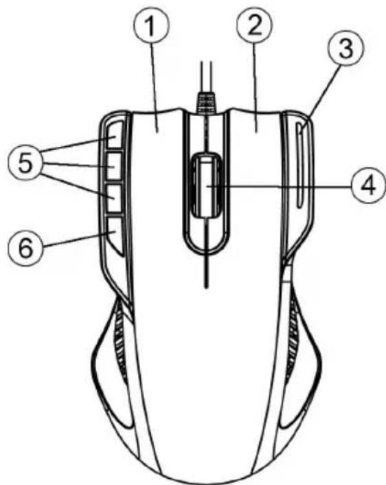 Technical diagram of a computer mouse with numbered parts labeled 1 through 6