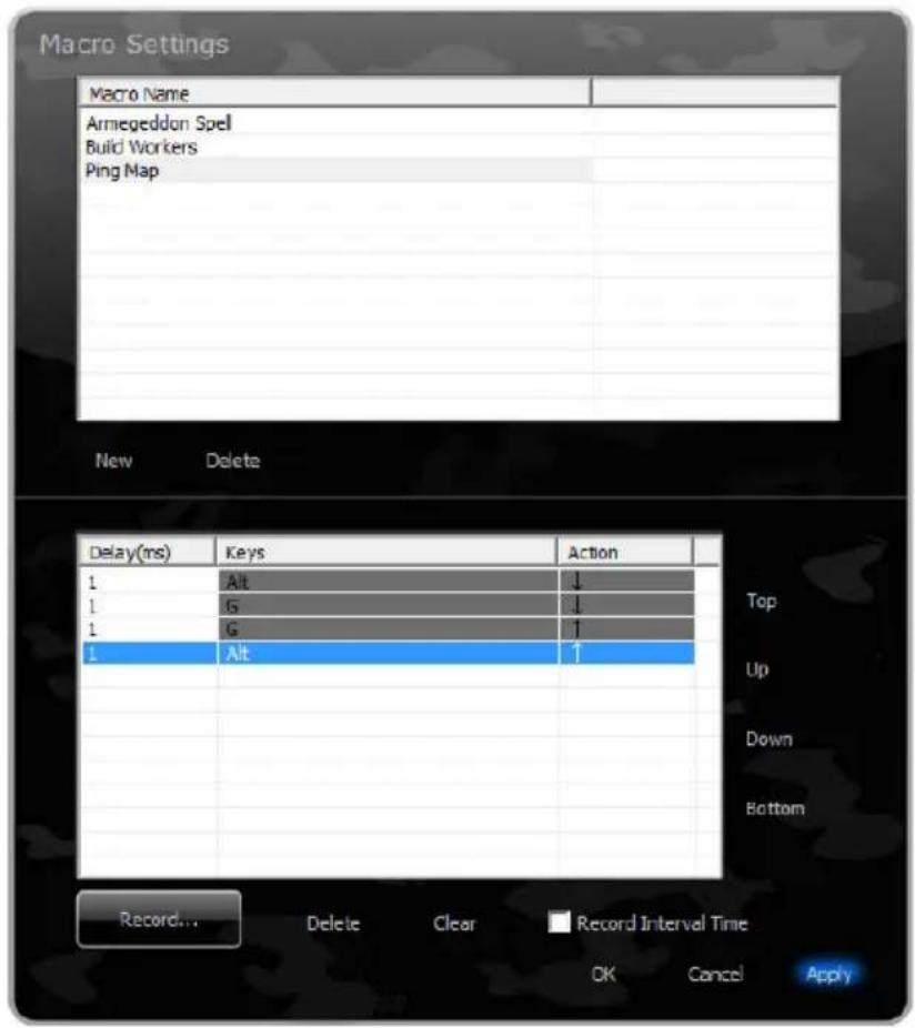 Macro Settings Macro Name Armegeddon Spell Build Workers Ping Map New Delete Delay(ms) Keys Action 1 Alt ↓ 1 G ↓ 1 G ↑ 1 Alt ↑ Record... Delete Clear Record Interval Time OK Cancel Apply Top Up Down Bottom