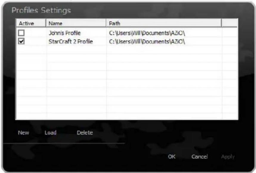 Profiles Settings Active Name Path □ John's Profile C:\Users\Will\Documents\AZiC\ ✓ StarCraft 2 Profile C:\Users\Will\Documents\AZiC\ NewLoad Delete OK Cancel Apply