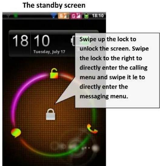 The standby screen 18 10 Tuesday, July 17 Swipe up the lock to unlock the screen. Swipe the lock to the right to directly enter the calling menu and swipe it le to directly enter the messaging menu.