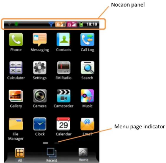 Nocaon panel Phone Messaging Contacts Call Log Calculator Settings FM Radio Search Gallery Camera Camcorder Music File Manager Clock Calendar Email Menu page indicator All Recent Home