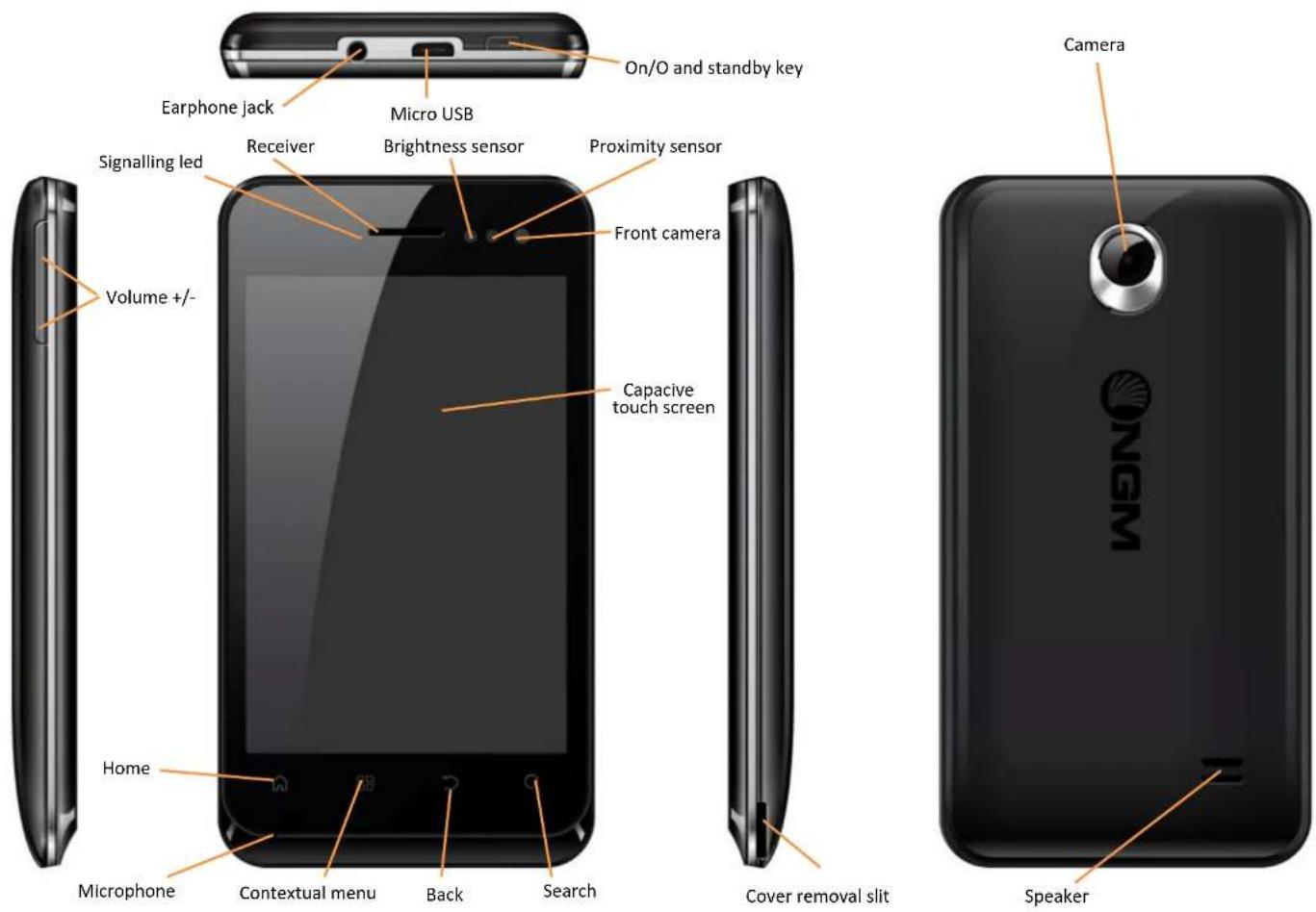 On/O and standby key Earphone jack Micro USB Signalling led Receiver Brightness sensor Proximity sensor Front camera Volume +/-/ Capacive touch screen Home Microphone Contextual menu Back Search Cover removal slit Speaker Camera