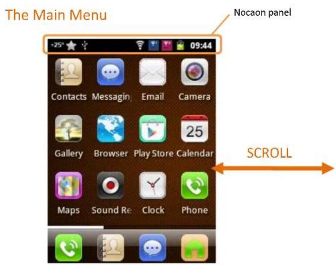 The Main Menu Nocaon panel Contacts Messaging Email Camera Gallery Browser Play Store Calendar Maps Sound Re Clock Phone SCROLL