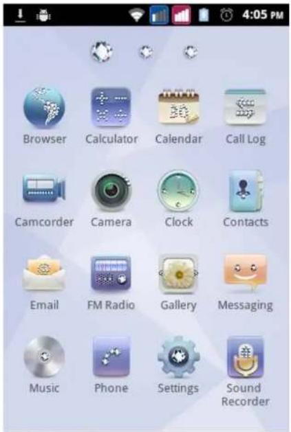 4:05 PM Browser Calculator Calendar Call Log Camcorder Camera Clock Contacts Email FM Radio Gallery Messaging Music Phone Settings Sound Recorder